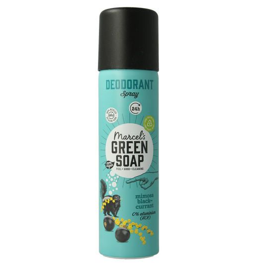 Marcel's Green Soap mimosa black currant deodorant spray bottle, 150ml, featuring a sleek design and floral scent packaging.