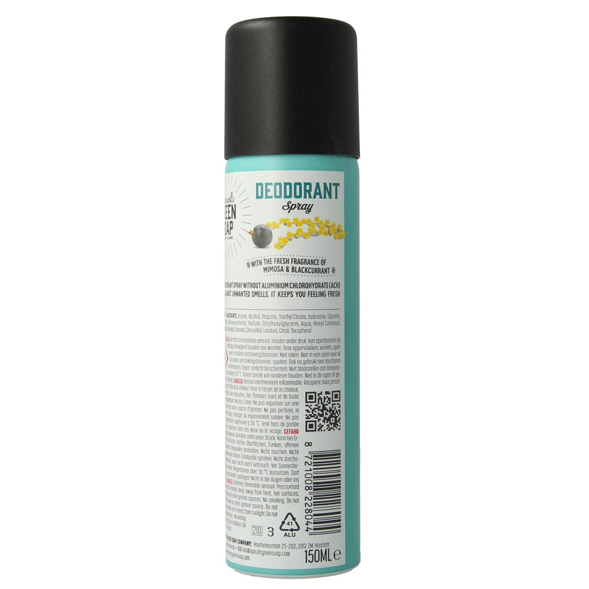Marcel's Green Soap mimosa black currant deodorant spray in a 150ml bottle, featuring a sleek design and floral scent.