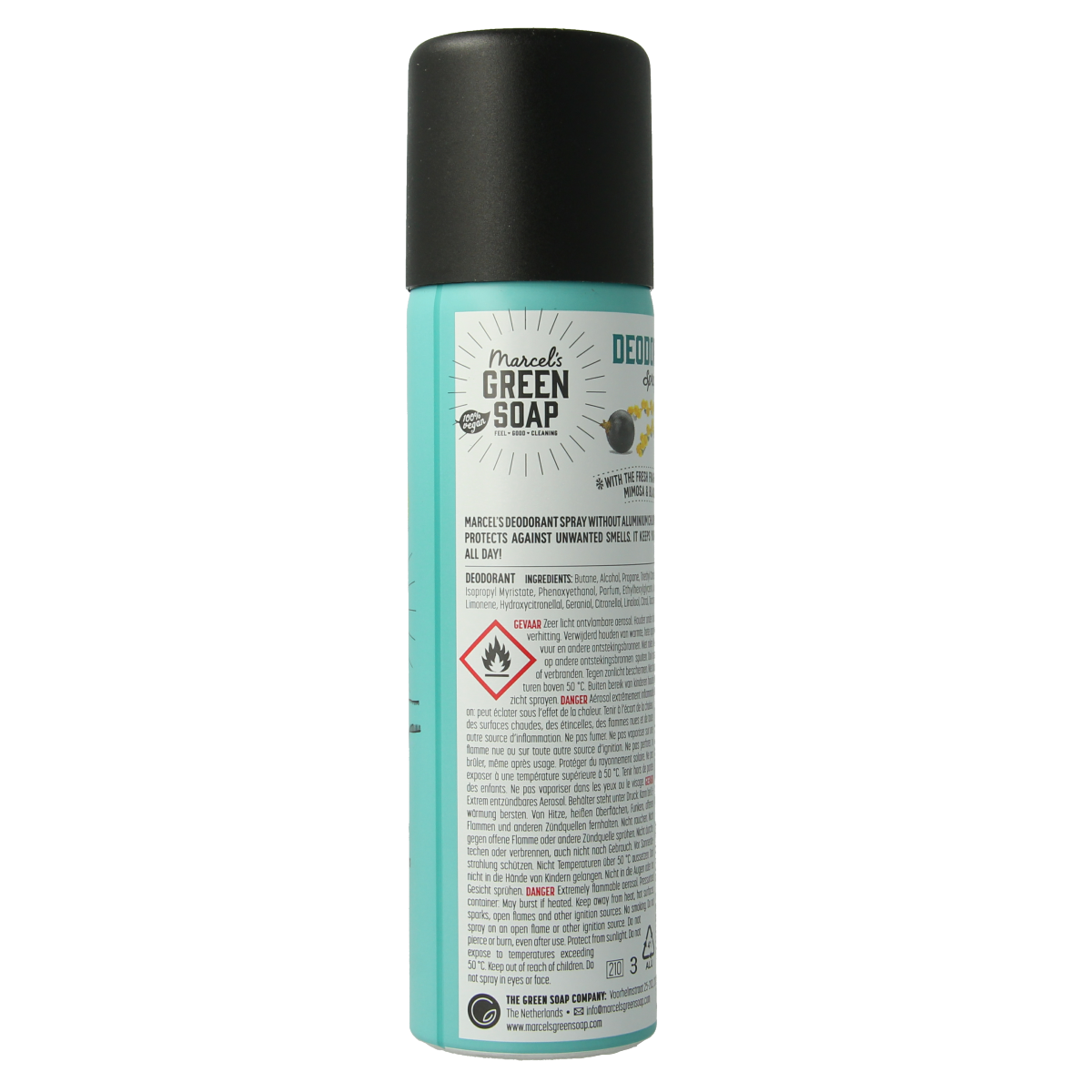 Marcel's Green Soap Deospray mimosa black currant in 150ml spray bottle, showing the deodorant product with branding and scent details.