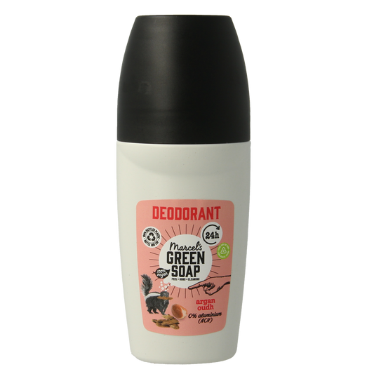 Marcel's Green Soap Argan Oudh Deodorant Deoroller, 50ml, natural deodorant with green soap branding and a sleek roll-on applicator