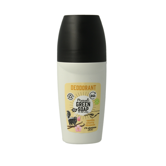 Marcel's Green Soap vanilla cherry blossom deodorant deoroller in 50ml bottle showing floral and vanilla design