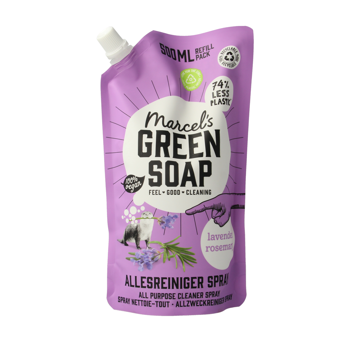 Marcel's Green Soap lavender and rosemary all-purpose cleaner refill bottle, 500ml, in a green plastic container.