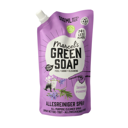 Marcel's Green Soap lavender and rosemary all-purpose cleaner refill bottle, 500ml, in a green plastic container.