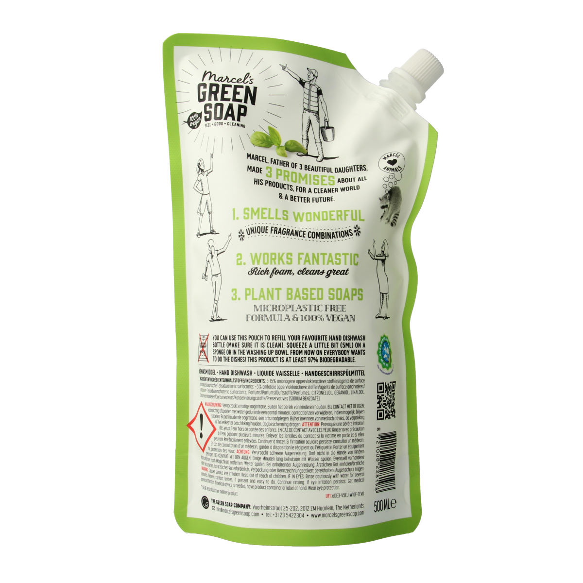 Marcel's Green Soap Basilicum and Vertivert Gras dish soap refill bottle, 500ml, eco-friendly kitchen cleaning product