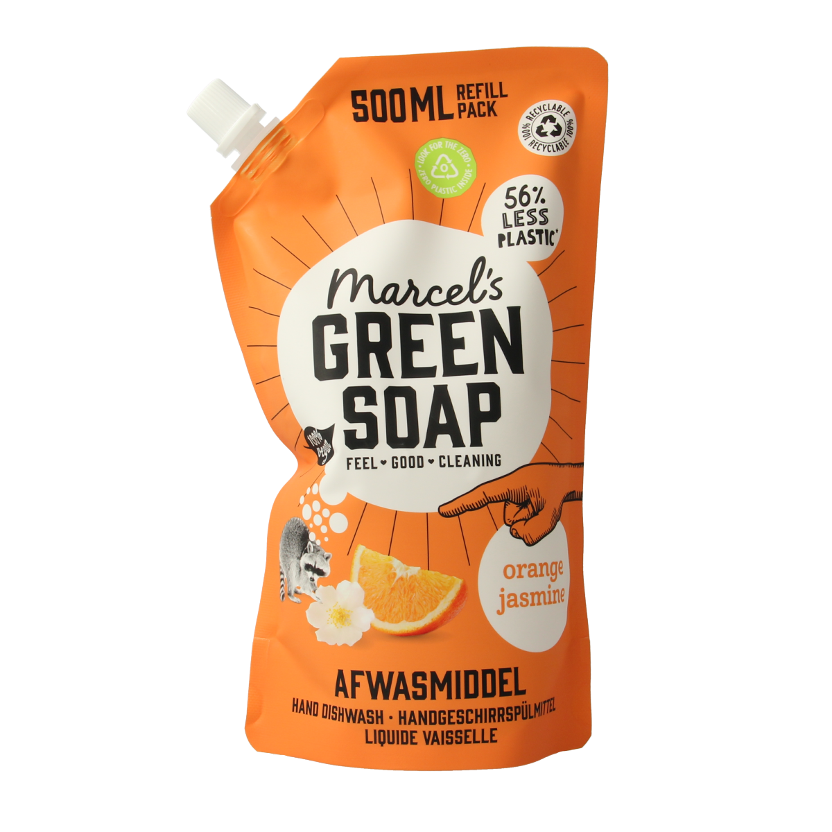 Marcel's Green Soap orange and jasmine dishwashing refill bottle, 500ml, natural dish soap in a clear plastic container.
