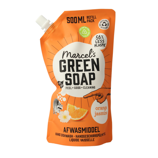 Marcel's Green Soap orange and jasmine dishwashing refill bottle, 500ml, natural dish soap in a clear plastic container.