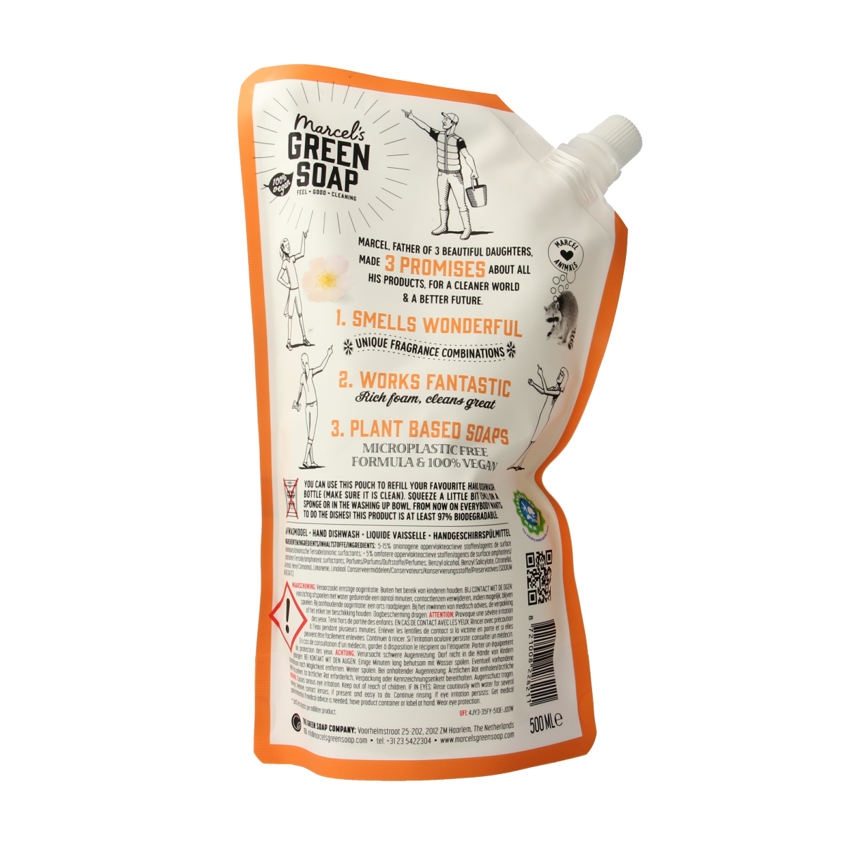 Marcel's Green Soap orange and jasmine dish soap refill bottle, 500ml, natural eco-friendly dishwashing liquid.