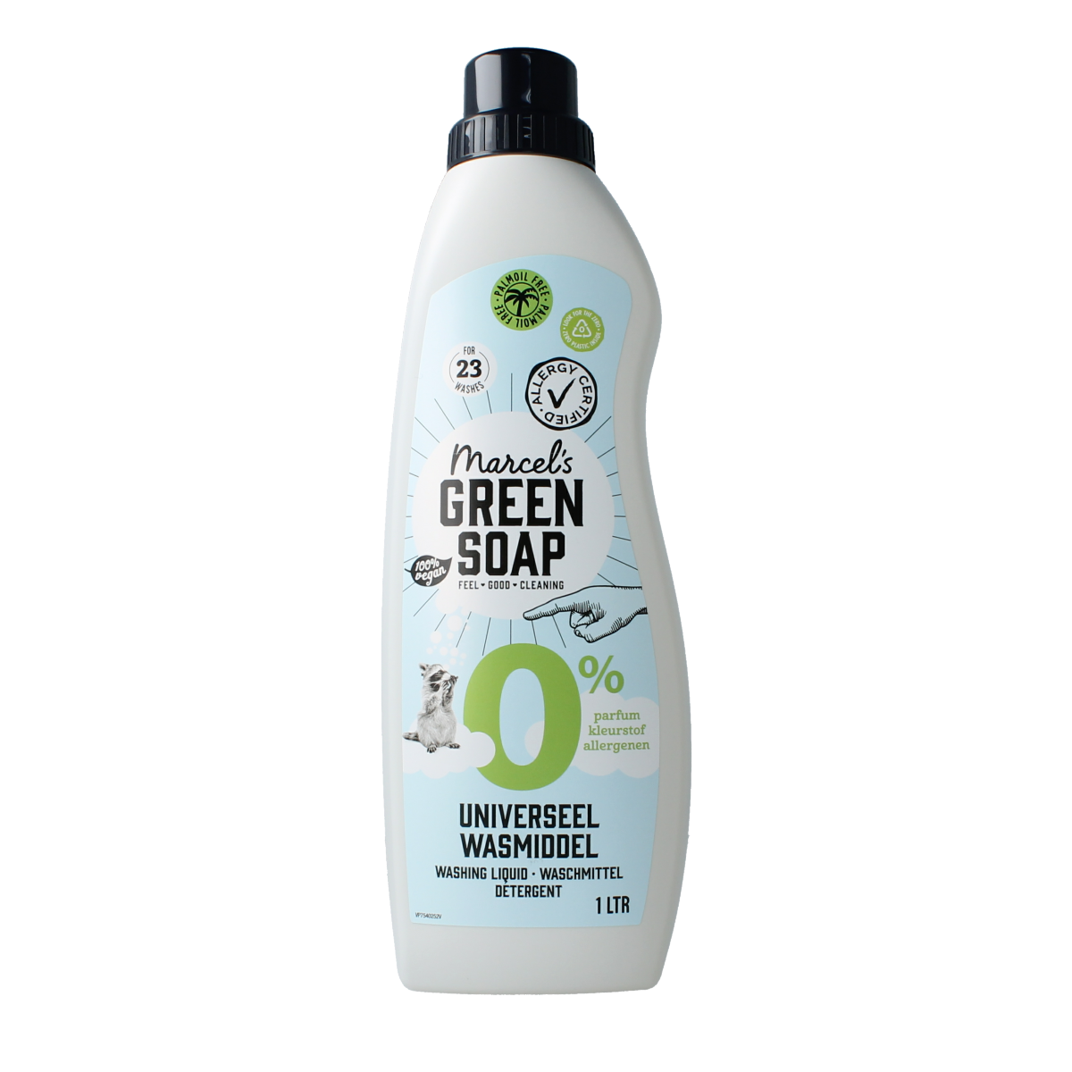 Marcel's Green Soap universeel wasmiddel 0% in 1-liter bottle, eco-friendly laundry detergent for all fabrics.