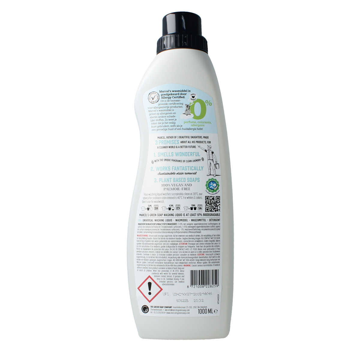 Marcel's Green Soap universeel wasmiddel 0% in a 1-liter bottle, eco-friendly laundry detergent for all fabrics.
