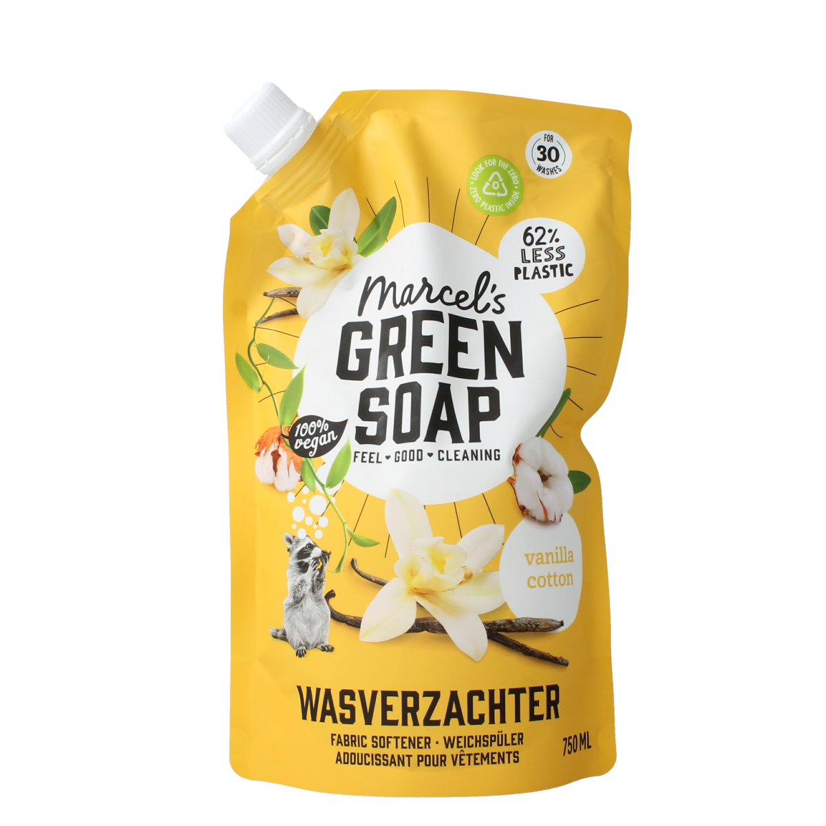 Marcel's Green Soap vanilla and cotton fabric softener refill bottle, 750ml, for fresh, soft laundry.