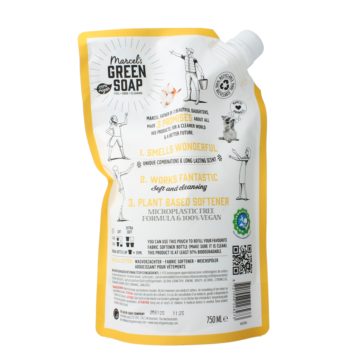 Marcel's Green Soap vanilla and cotton fabric softener refill bottle, 750ml, for gentle laundry freshness.