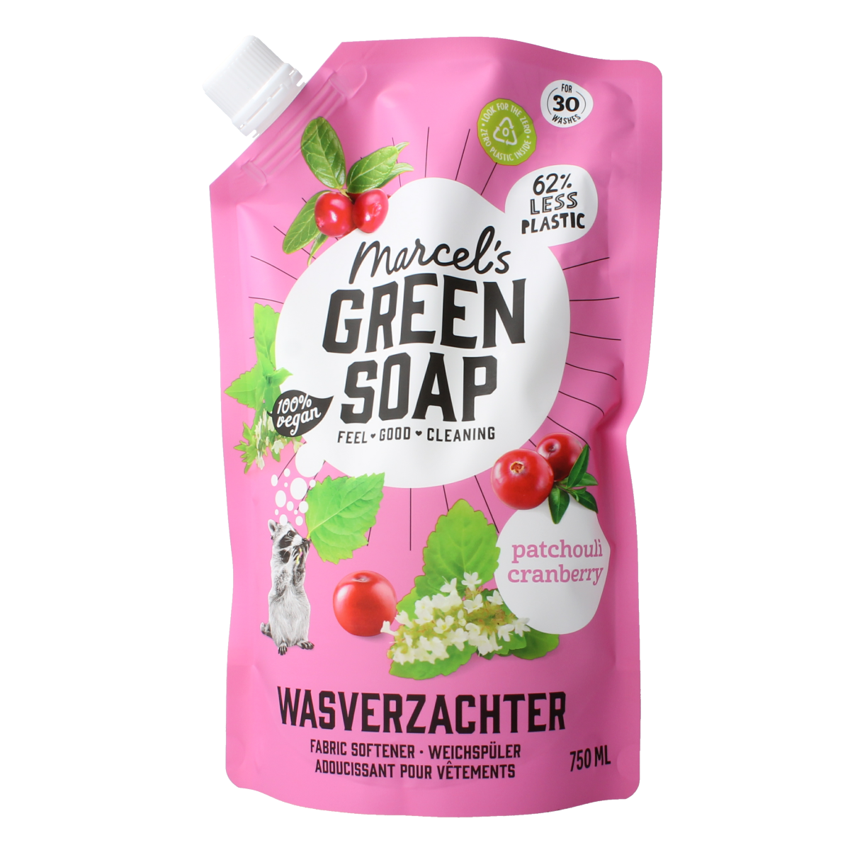 Marcel's Green Soap Wasverzachter patchouli & cranberry refill bottle, 750ml, for softening laundry in eco-friendly fabric softener.