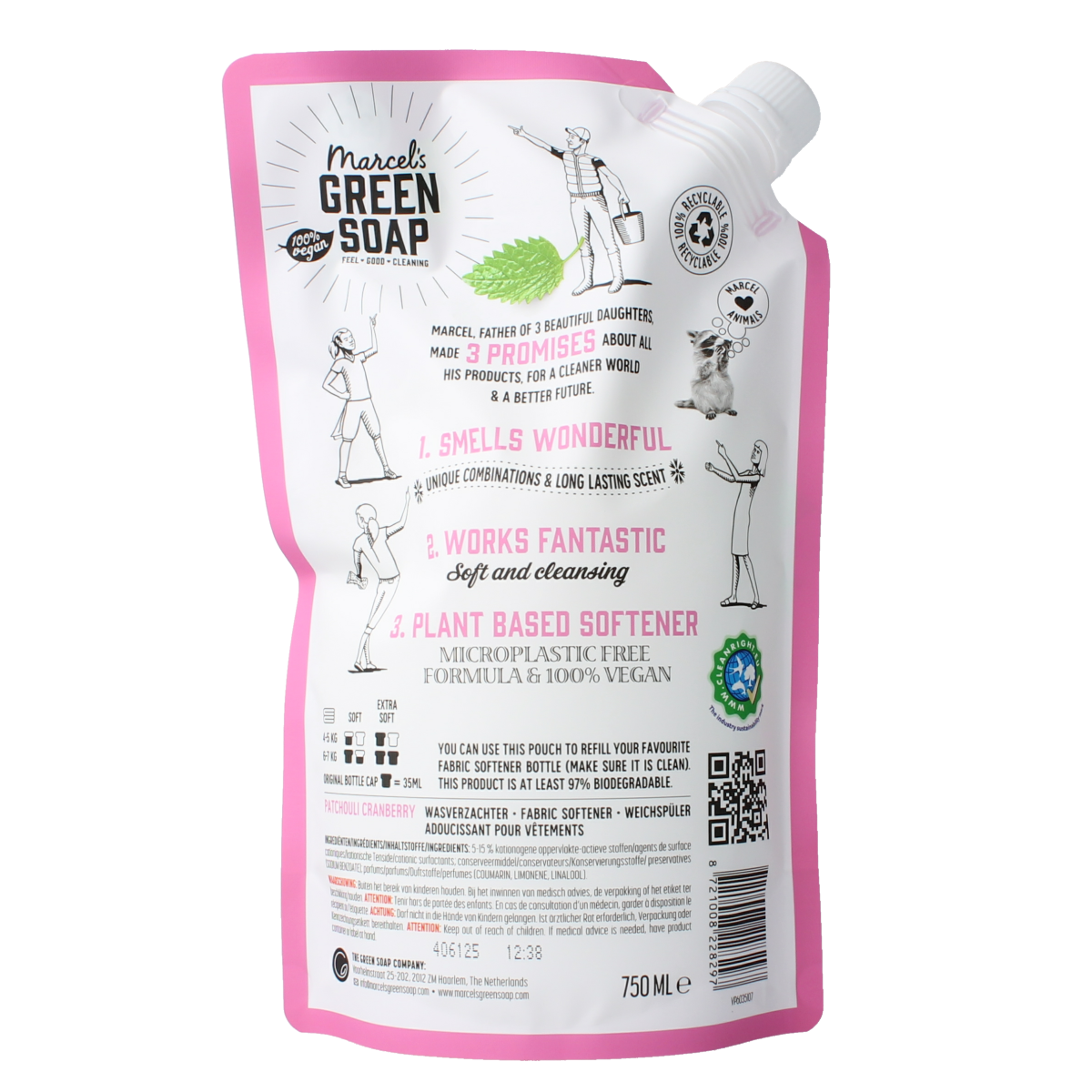Marcel's Green Soap Wasverzachter patchouli & cranberry refill bottle, 750ml, for softening laundry with natural scent