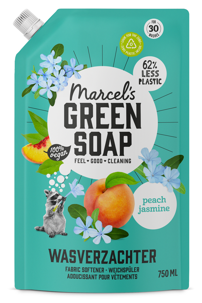 Marcel's Green Soap Peach & Jasmine Fabric Softener refill bottle, 750ml, for gentle laundry scent and fabric care.