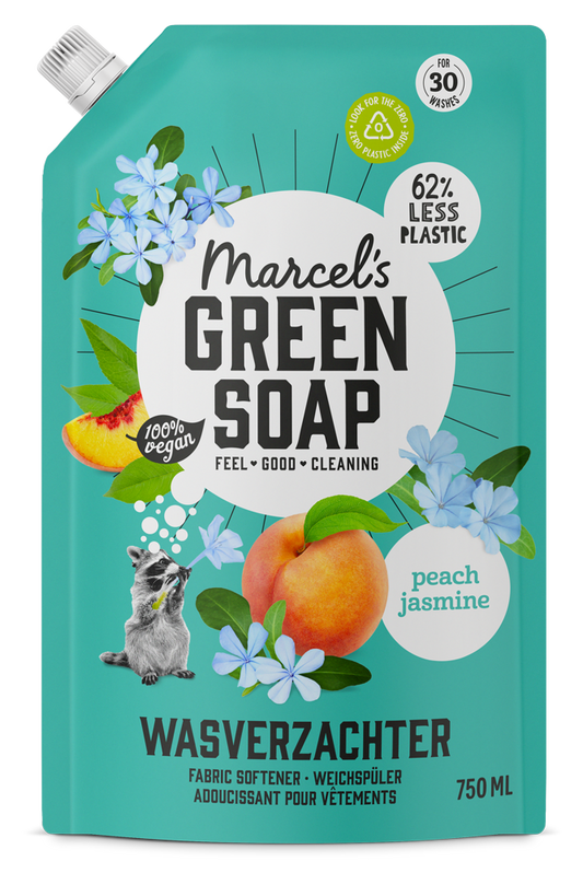 Marcel's Green Soap Peach & Jasmine Fabric Softener refill bottle, 750ml, for gentle laundry scent and fabric care.
