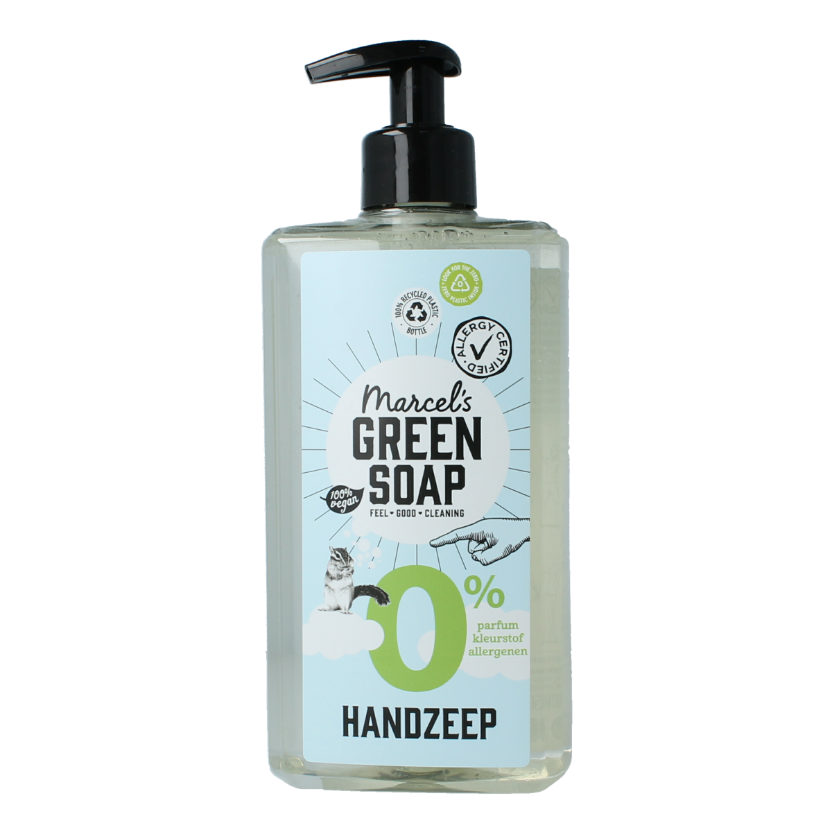 Marcel's Green Soap hand soap bottle, 500ml, eco-friendly liquid soap in a clear plastic pump dispenser.