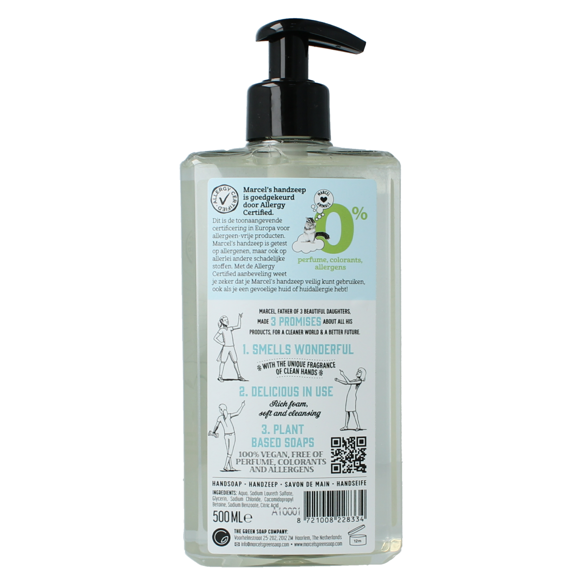 Marcel's Green Soap hand soap in a 500ml bottle, featuring natural ingredients and a green label for gentle hand cleansing.