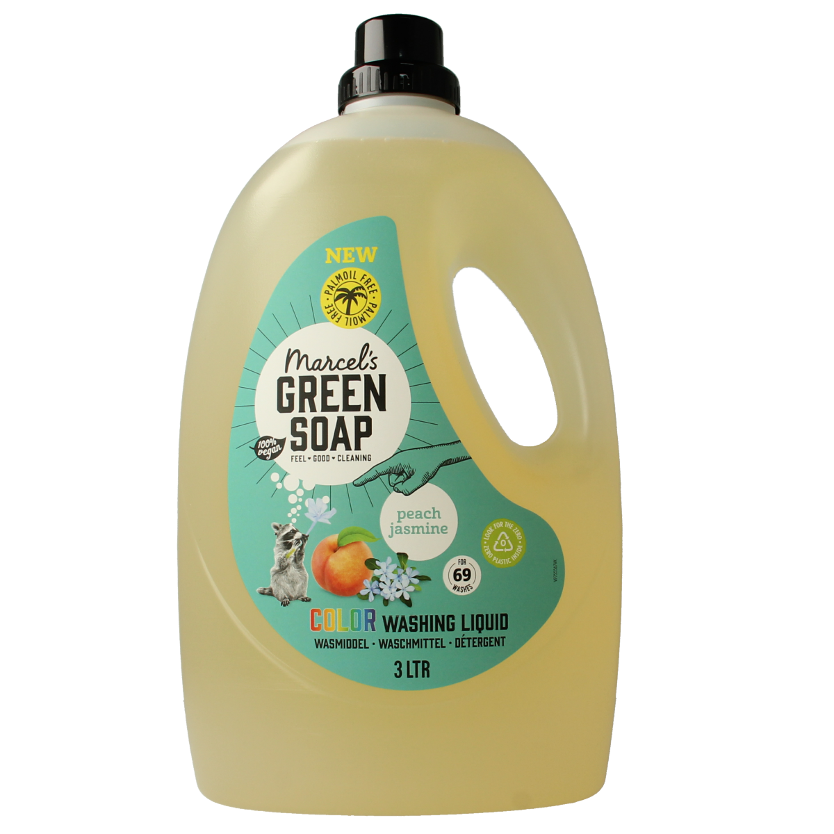 Marcel's Green Soap wasmiddel kleur perzik en jasmijn in 3-liter bottle, natural laundry detergent for colored fabrics.
