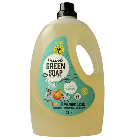 Marcel's Green Soap wasmiddel kleur perzik en jasmijn in 3-liter bottle, natural laundry detergent for colored fabrics.