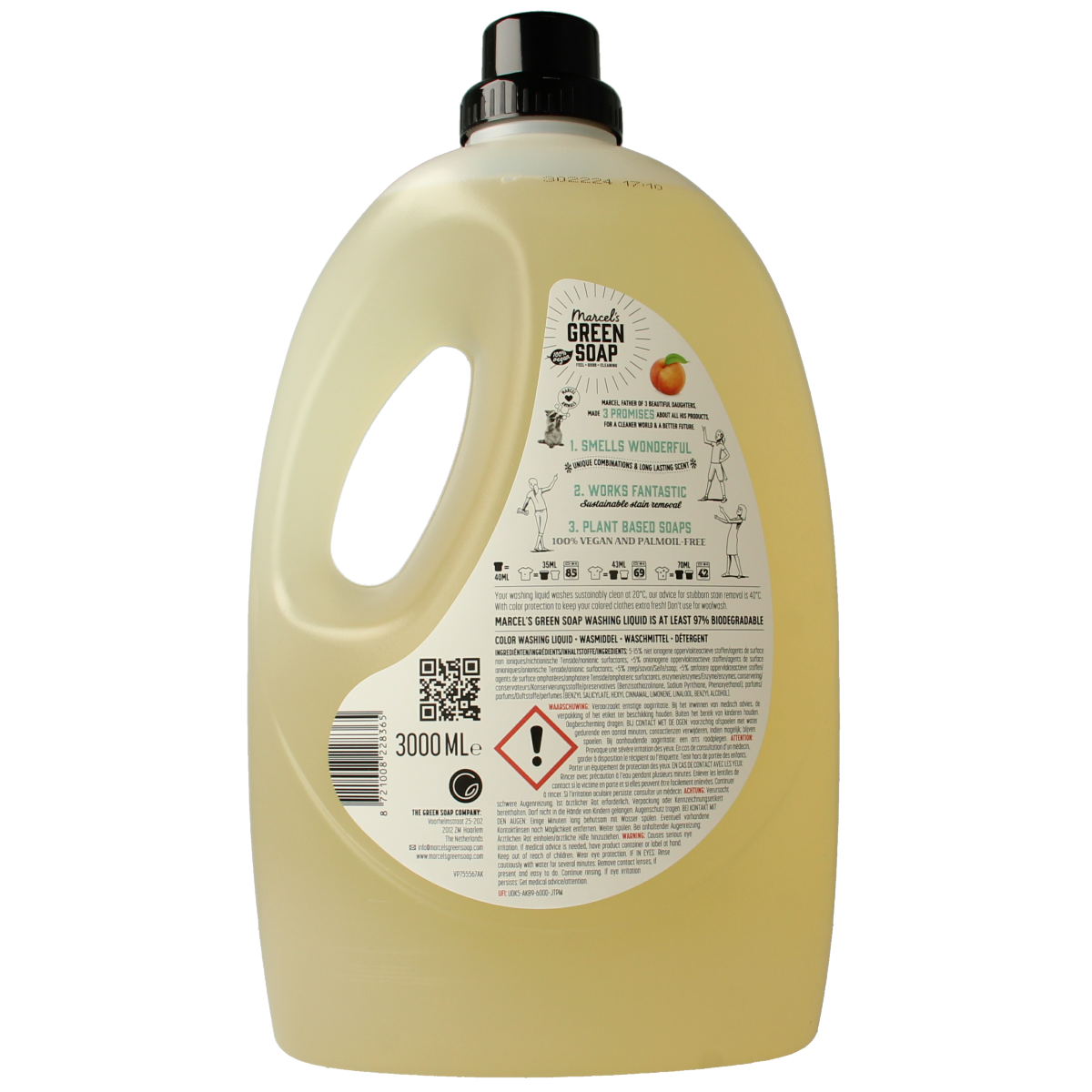 Marcel's Green Soap wasmiddel kleur perzik en jasmijn in 3-liter container, eco-friendly laundry detergent for colored clothes