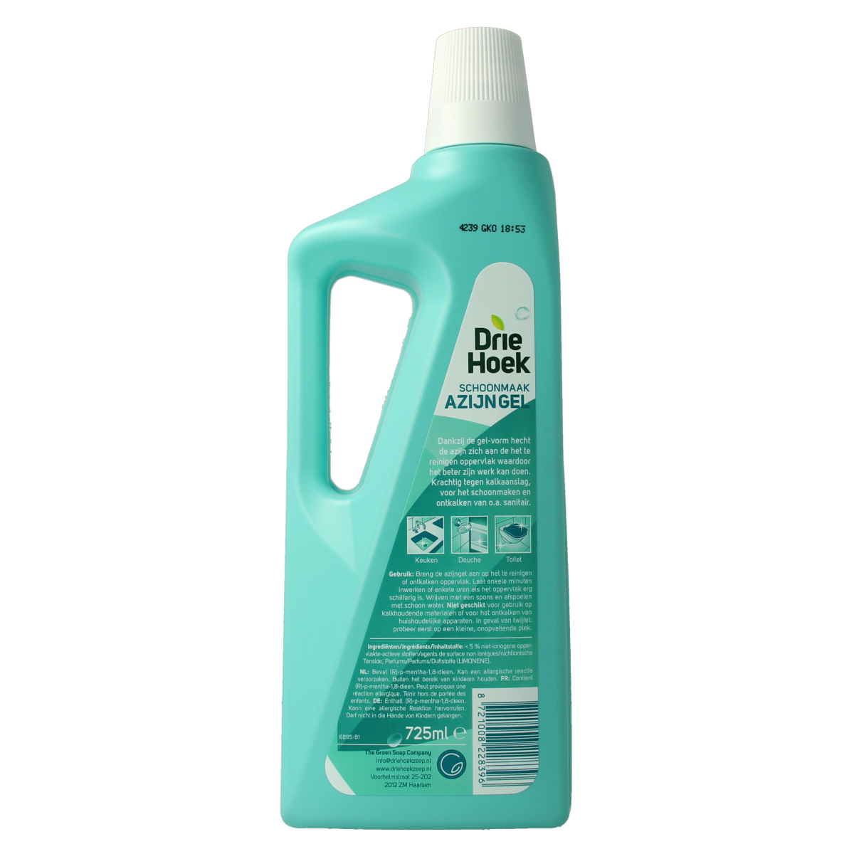 Driehoek Azijngel cleaning product in 725ml bottle, designed for household cleaning tasks, with label showing brand and product details.