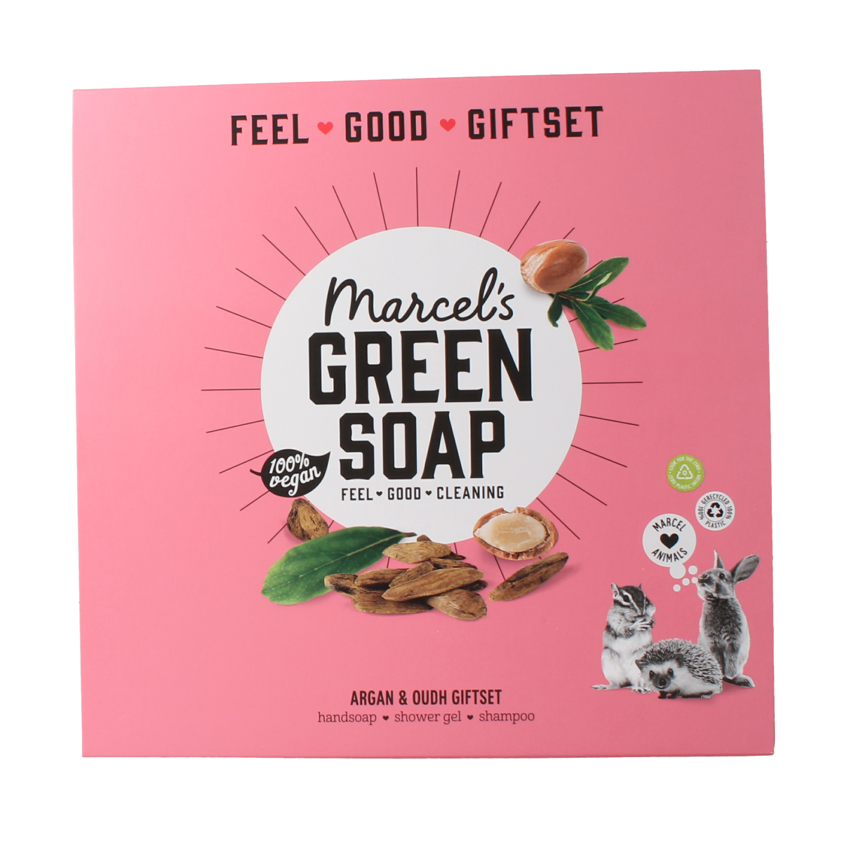 Marcel's Green Soap gift box with argan and oudh, body care products, featuring elegant packaging and natural ingredients.