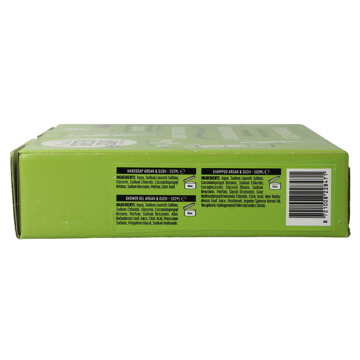 Marcel's Green Soap giftbox with argan and oudh body care products, featuring natural ingredients and elegant packaging.