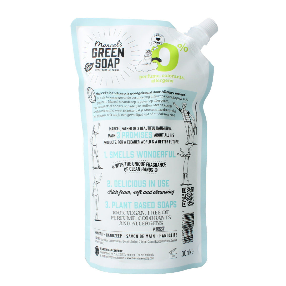 Marcel's Green Soap hand soap refill 500ml in a clear plastic bottle with green label and pump dispenser.