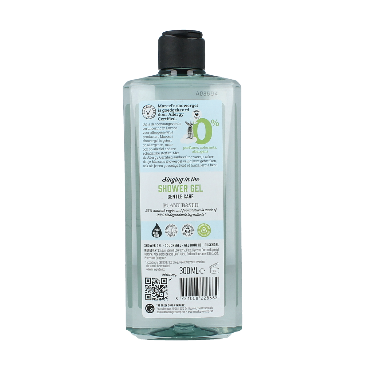 Marcel's Green Soap shower gel 0% in 300ml bottle, natural bad en douche product with green packaging and branded label