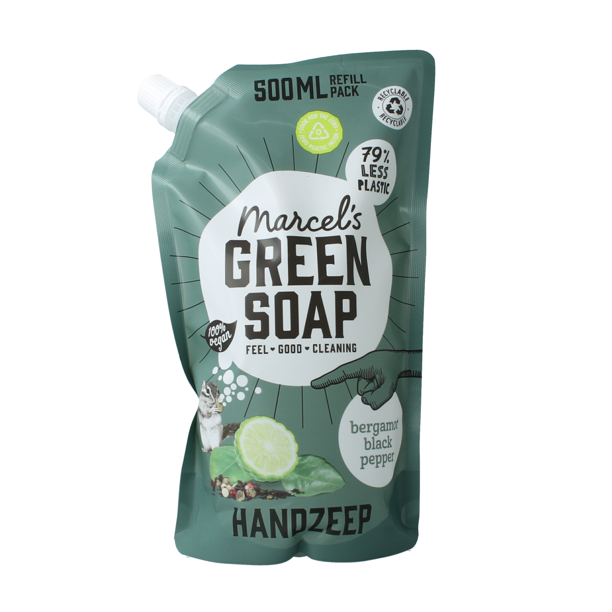 Marcel's Green Soap hand soap refill in 500ml with bergamot and black pepper scent, featuring a white pump dispenser.