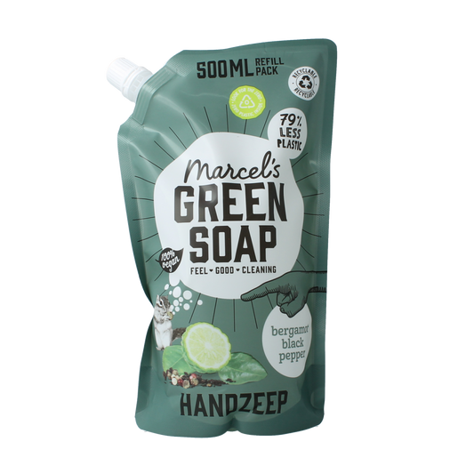 Marcel's Green Soap hand soap refill in 500ml with bergamot and black pepper scent, featuring a white pump dispenser.