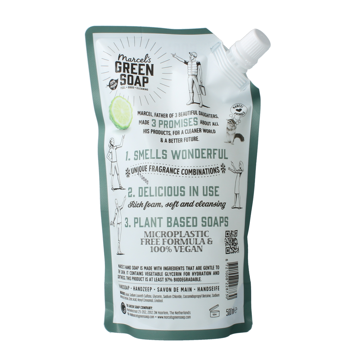 Marcel's Green Soap hand soap refill with bergamot and black pepper, 500ml, for hand care and cleansing.