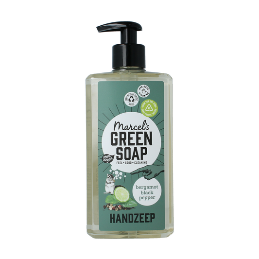 Marcel's Green Soap hand soap with bergamot and black pepper in a 500ml bottle for hand care.