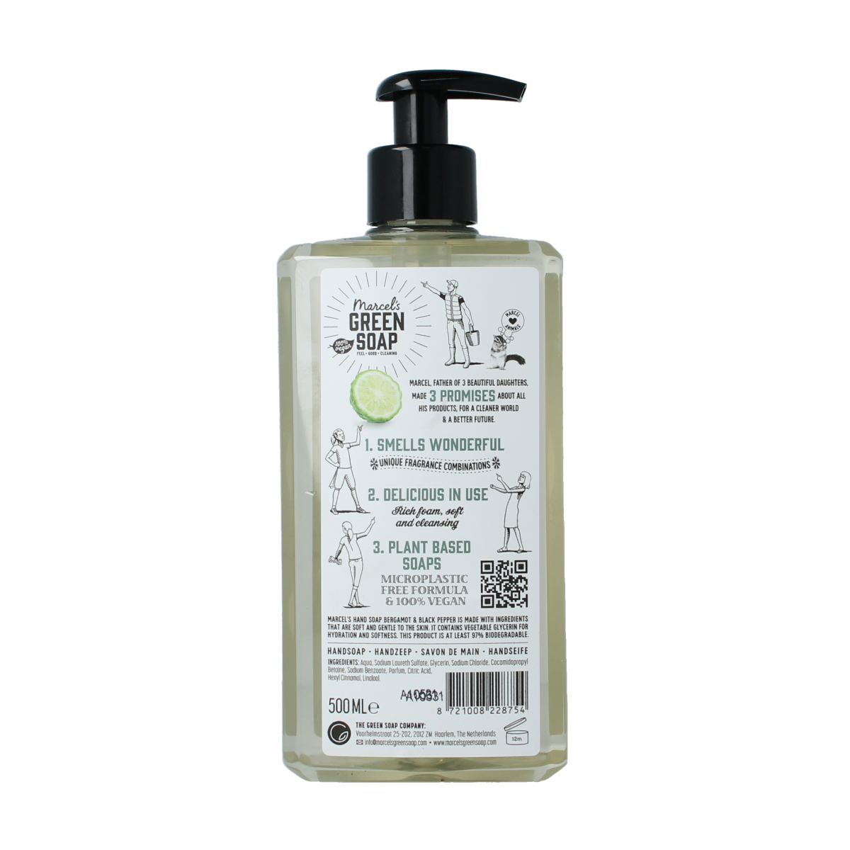 Marcel's Green Soap hand soap with bergamot and black pepper, 500ml, in a clear pump dispenser bottle.