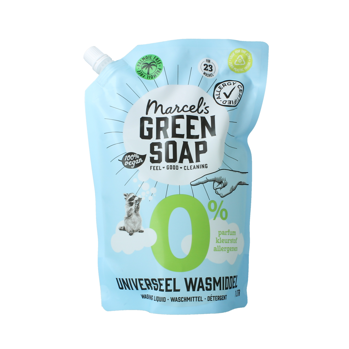 Marcel's Green Soap universeel wasmiddel 0% navul 1 liter bottle, eco-friendly laundry detergent for all fabrics.