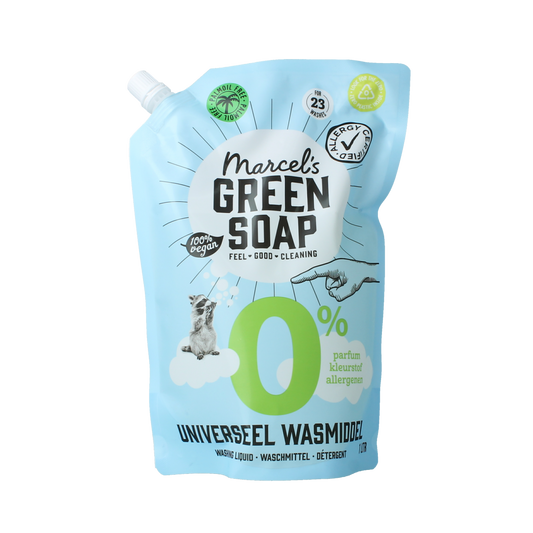 Marcel's Green Soap universeel wasmiddel 0% navul 1 liter bottle, eco-friendly laundry detergent for all fabrics.