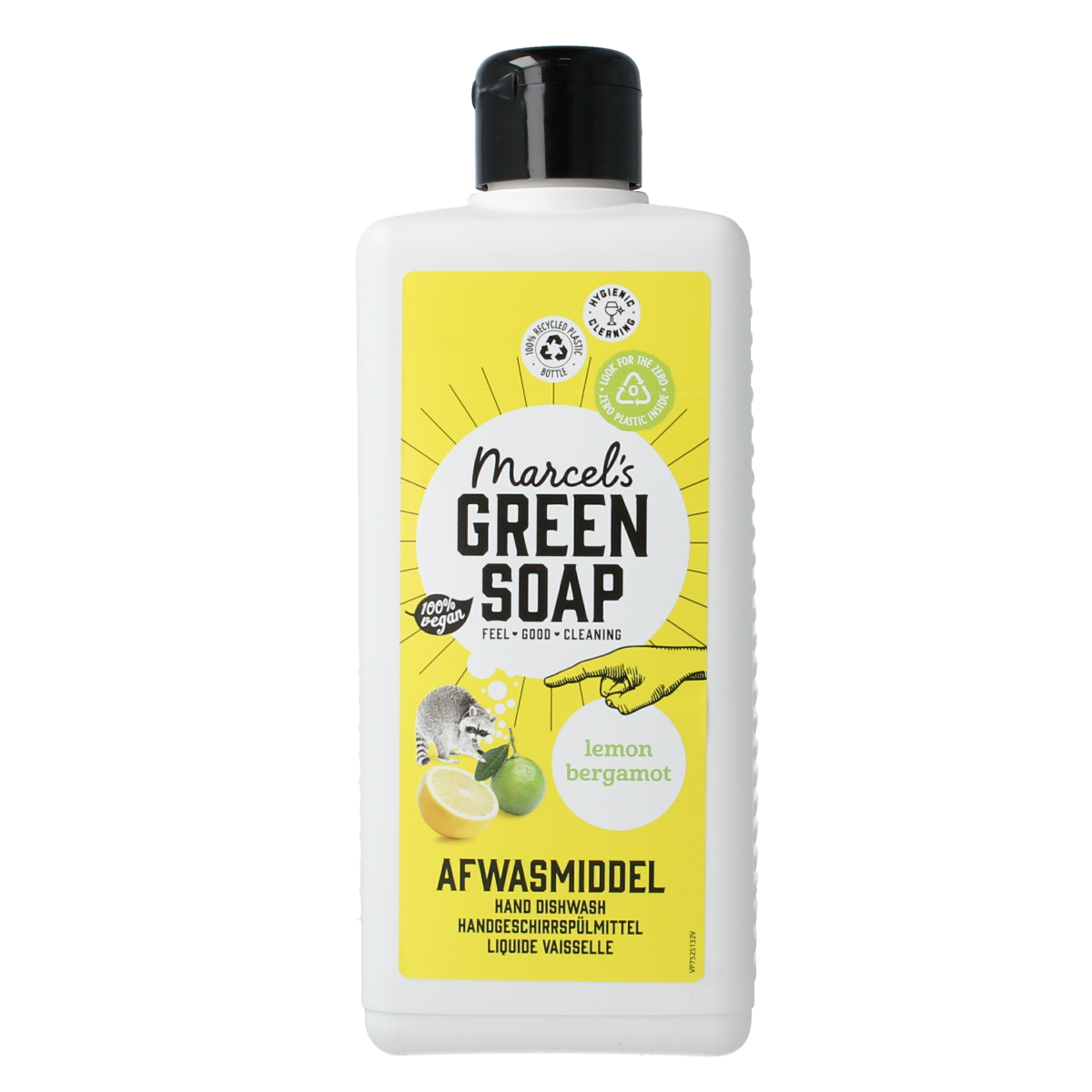 Marcel's Green Soap lemon and bergamot dishwashing liquid in a 500ml bottle with a green and yellow label.