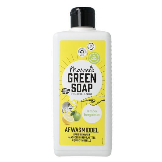 Marcel's Green Soap lemon and bergamot dishwashing liquid in a 500ml bottle with a green and yellow label.