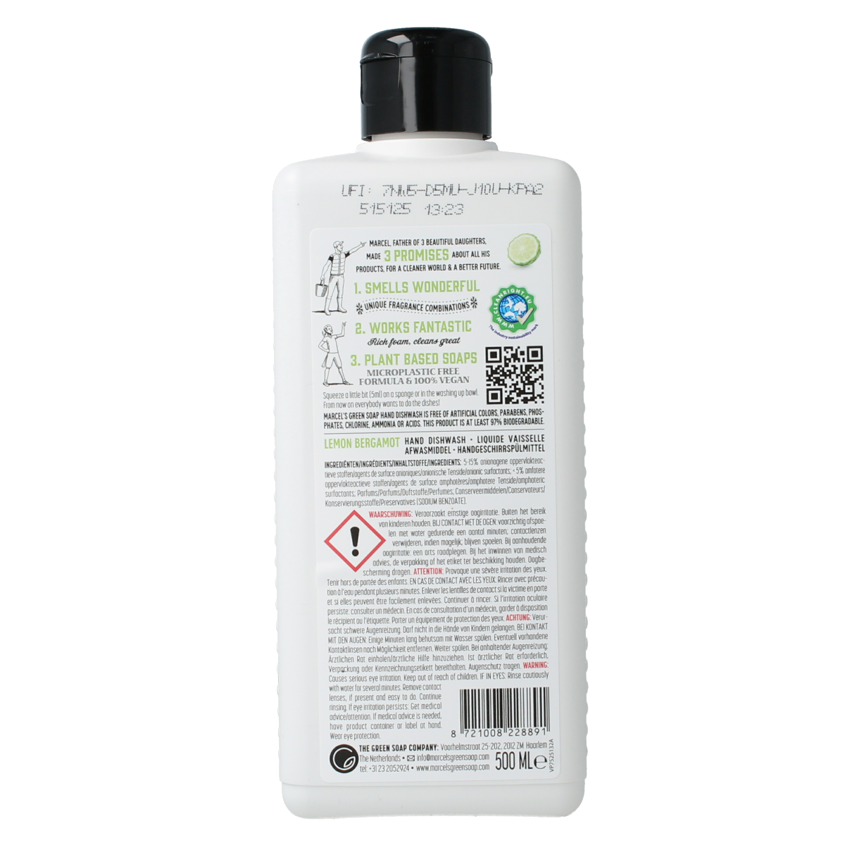 Marcel's Green Soap lemon and bergamot dish soap bottle, 500ml, eco-friendly dishwashing liquid for cleaning dishes and utensils