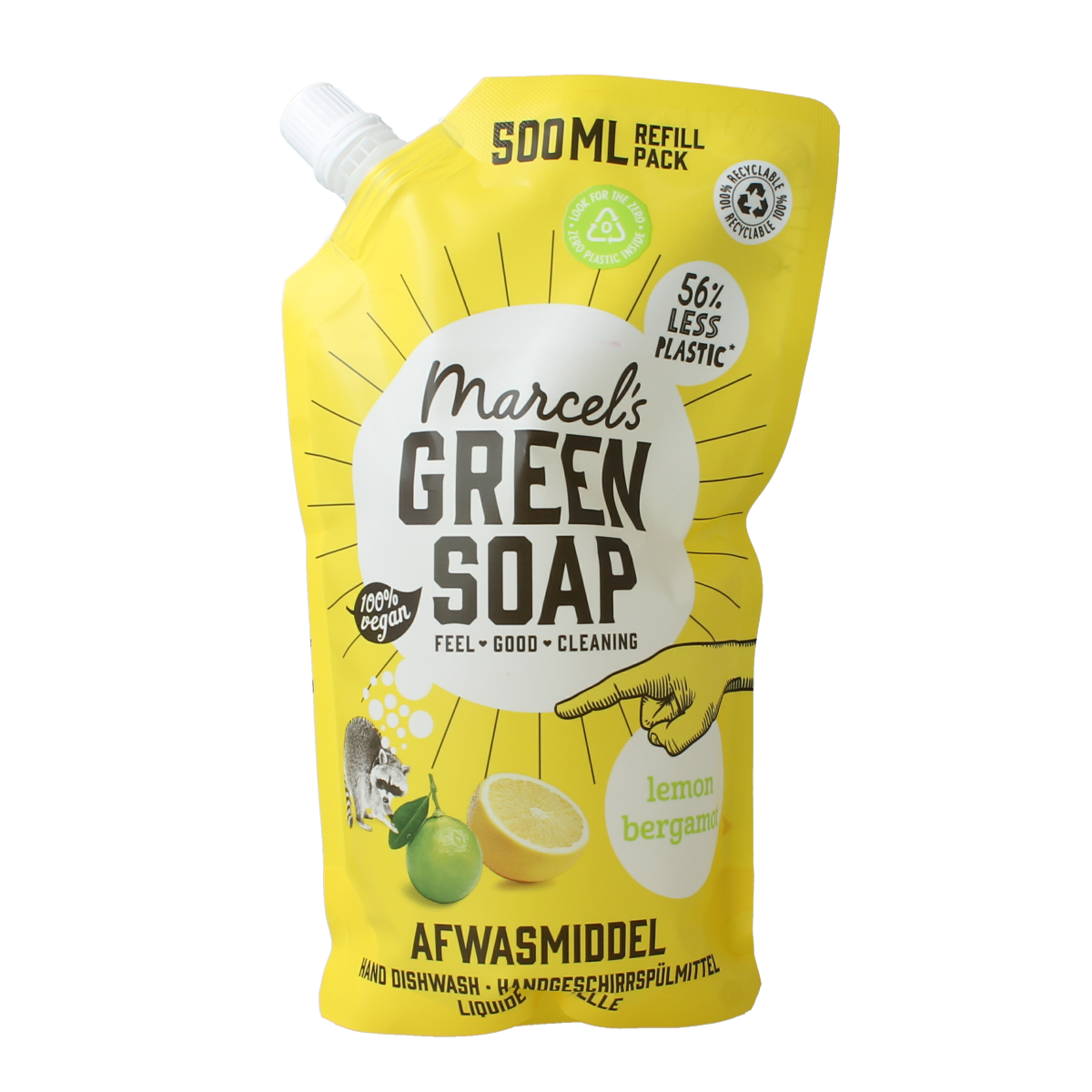 Marcel's Green Soap lemon and bergamot dish soap refill in a 500ml bottle, eco-friendly dishwashing liquid for gentle cleaning.