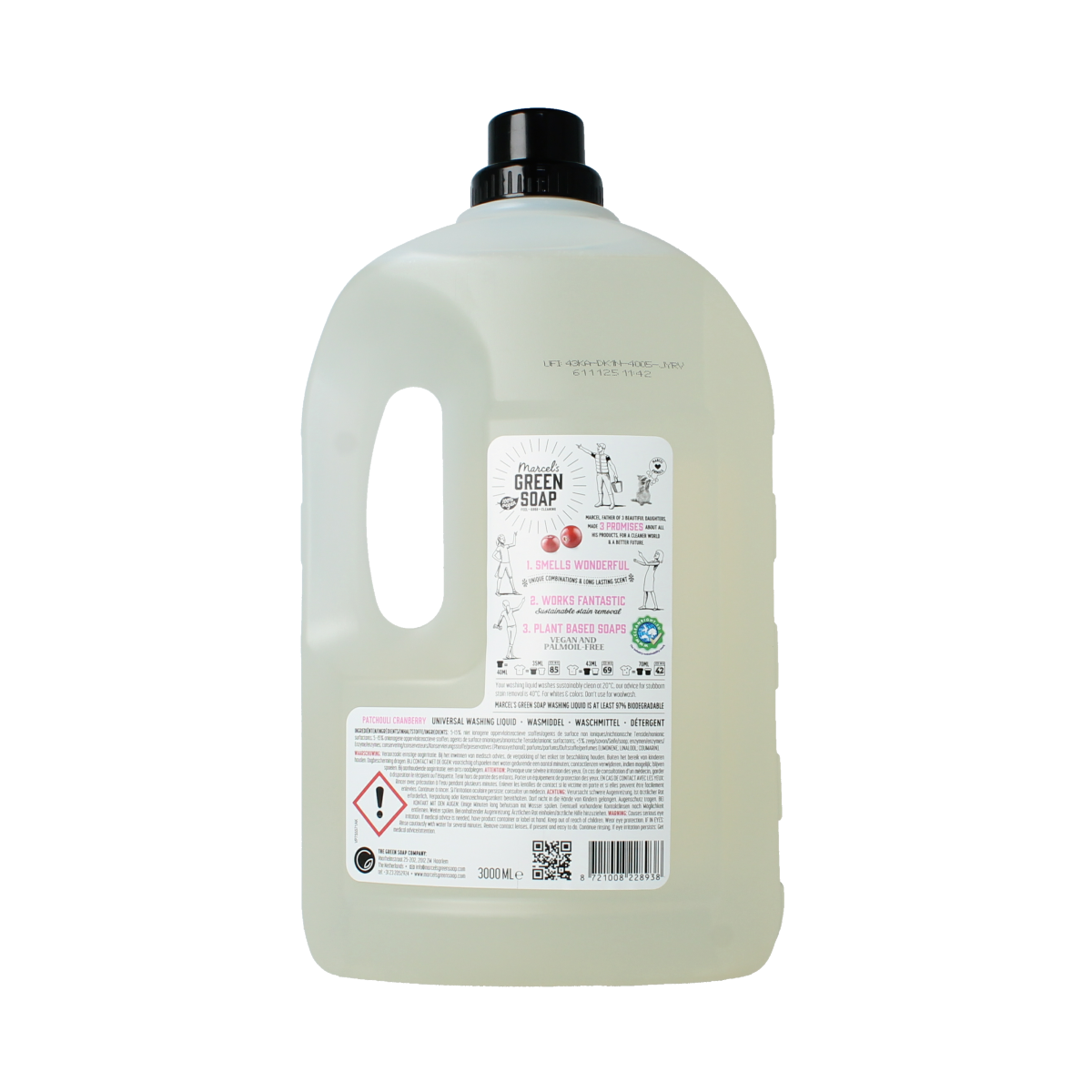 Marcel's Green Soap universeel wasmiddel in 3L bottle, patchouli and cranberry scent, eco-friendly laundry detergent.