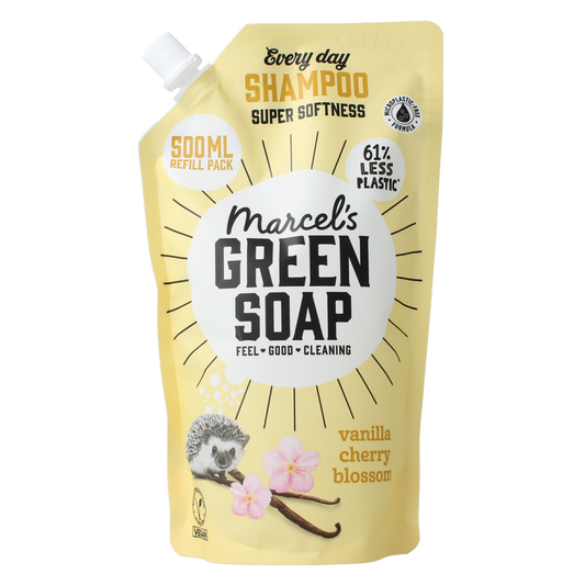 Marcel's Green Soap vanilla and cherry blossom shampoo refill bottle, 500ml, for hair care and nourishing hair treatment.