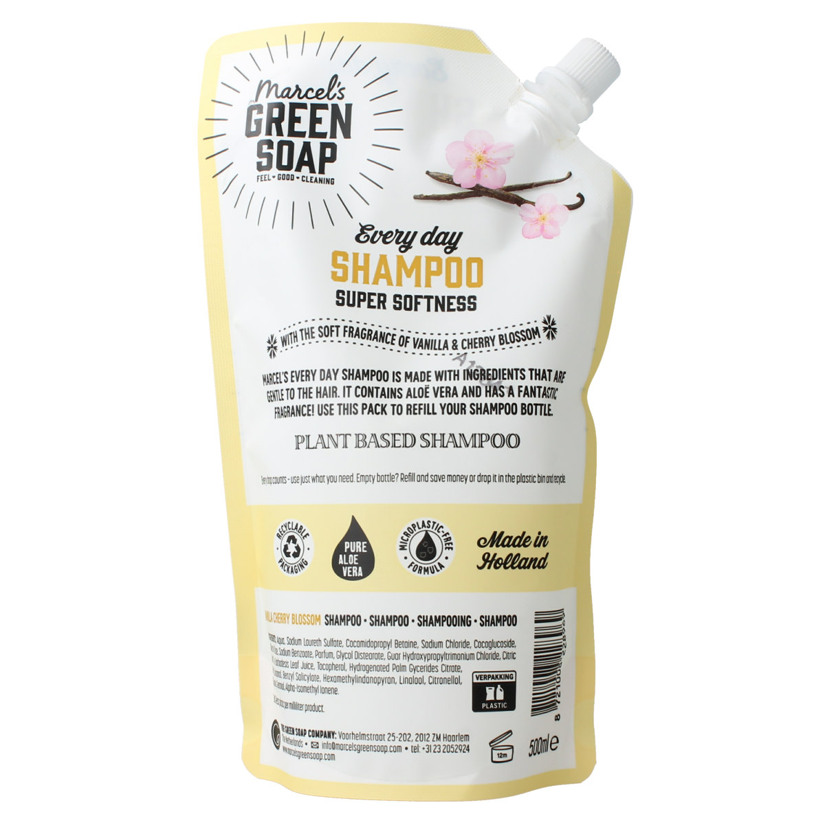 Marcel's Green Soap vanilla and cherry blossom shampoo refill 500ml, hair care product with natural ingredients and floral scent