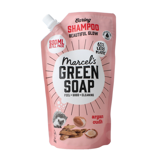 Marcel's Green Soap argan and oudh shampoo refill bottle, 500ml, for hair care with natural ingredients.