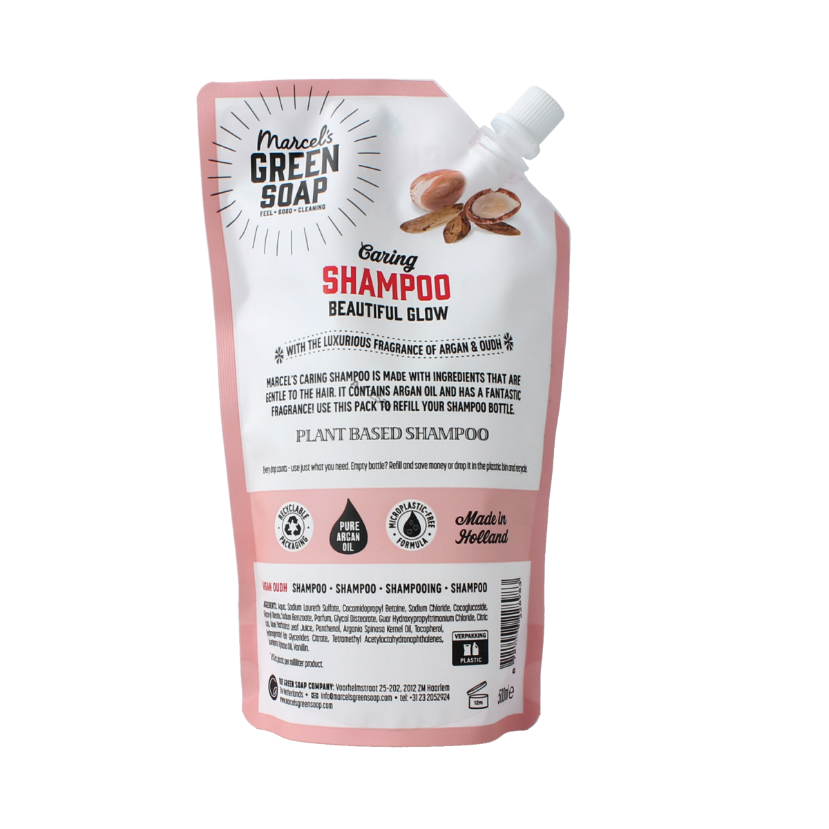 Marcel's Green Soap shampoo refill bottle with argan oil and oudh, 500ml, for nourishing hair care.
