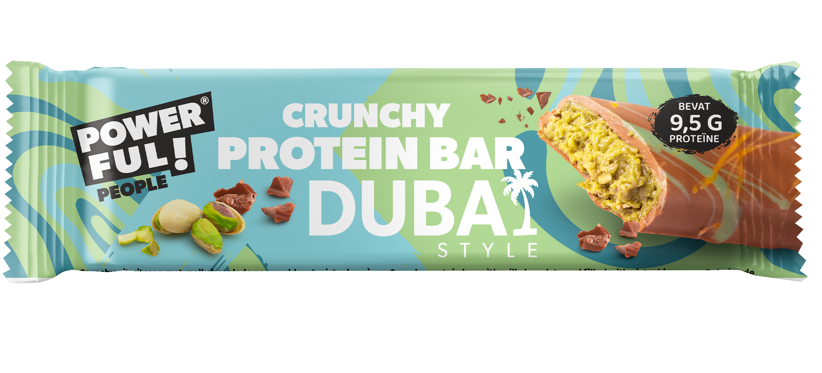 Powerful People Dubai-style protein bar, 45g, a nutritious sportvoeding snack with chocolate and caramel visible in the image.