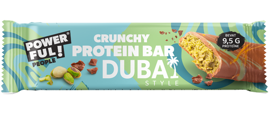 Powerful People Dubai-style protein bar, 45g, a nutritious sportvoeding snack with chocolate and caramel visible in the image.