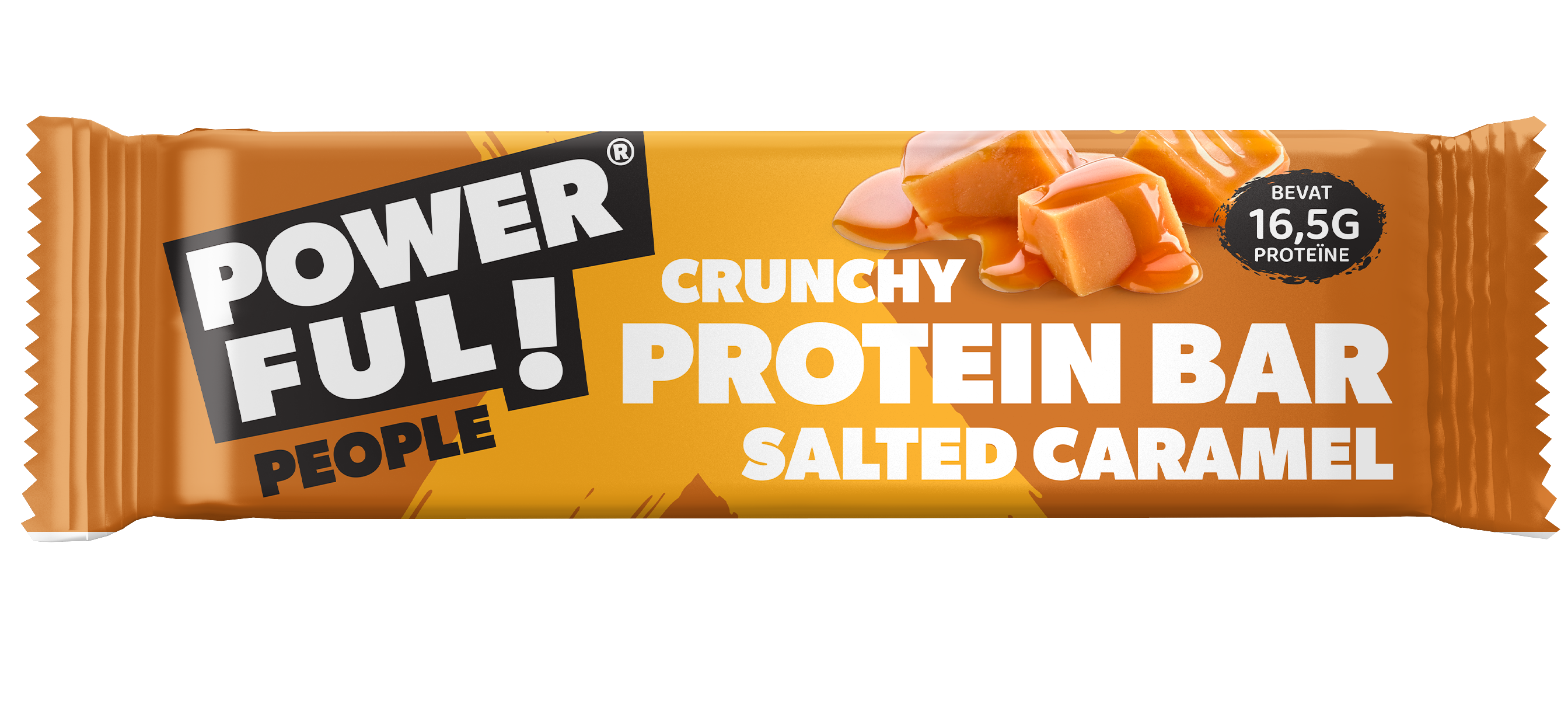 Powerful People salted caramel protein bar, 55g, sport nutrition snack with caramel flavor, shown in close-up packaging image.