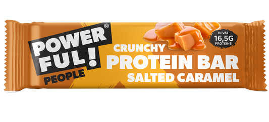 Powerful People salted caramel protein bar, 55g, sport nutrition snack with caramel flavor, shown in close-up packaging image.
