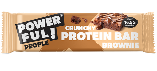 Powerful People protein bar brownie in 55 grams, showing a chocolate-flavored sport nutrition bar with branding and packaging.